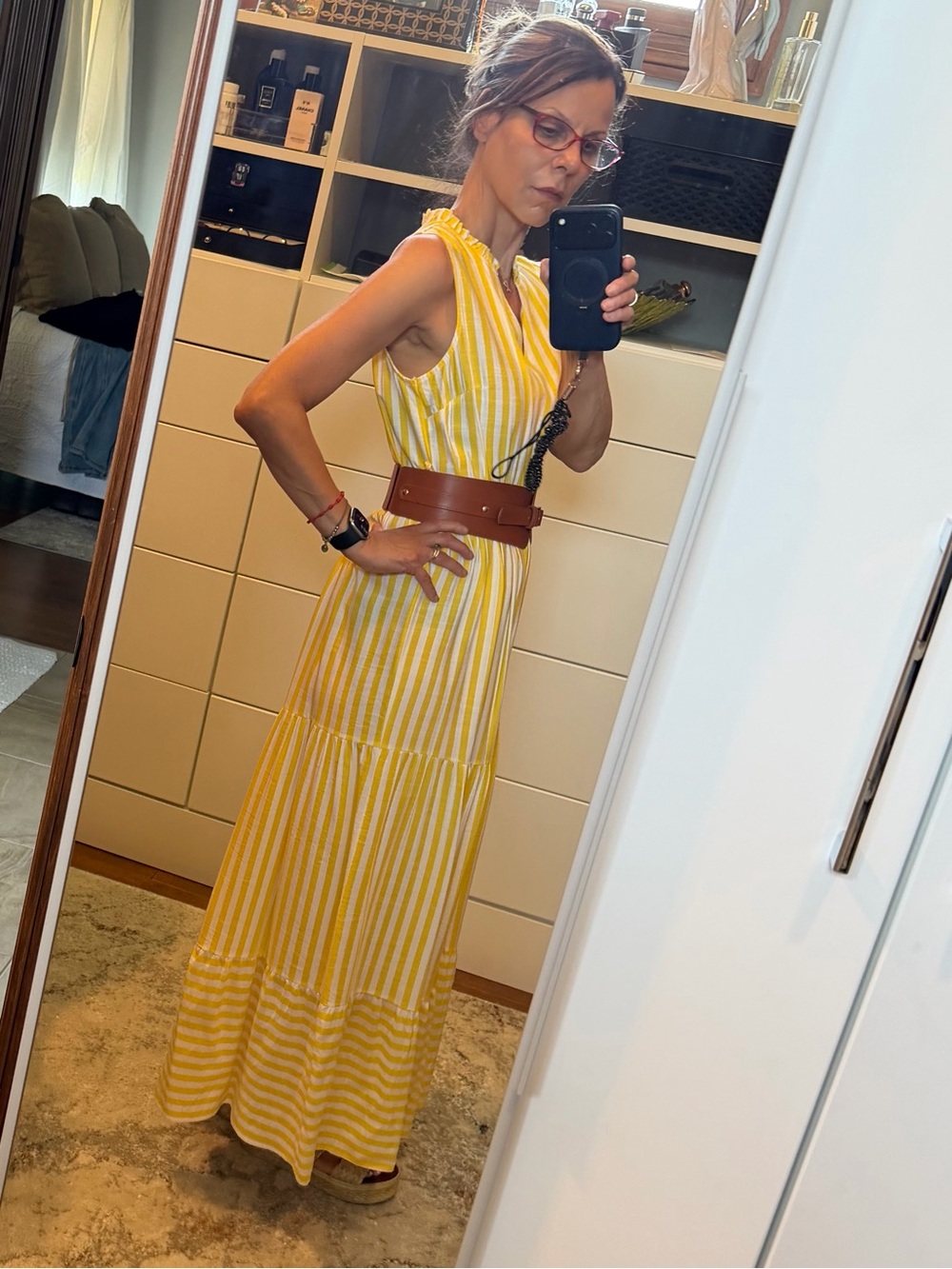 Sleeveless Yellow & White Stripe Maxi Dress with Ruffle Shoulders